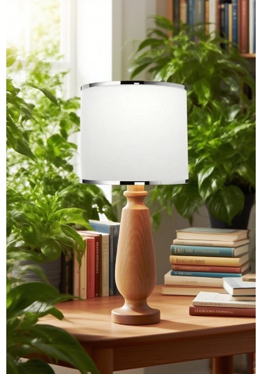 Manolya Masa Abajuru Ahşap Gövde Kumaş Başlık Dekoratif Masa Lambası Gece Lambası Gümüş