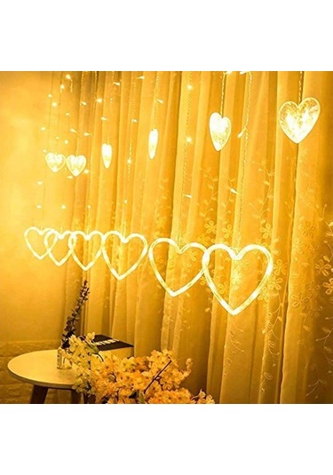 Mobgift Animasyonlu Led Işıklı Eklemeli Kalp Perde 2,80 X 95 Sarı