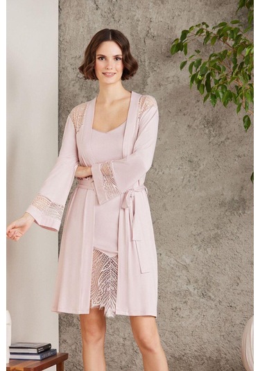 Pierre Cardin 4015 Penye Dantelli Gecelik Ve Sabahlık Takım Pudra