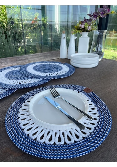 4 Kişilik Yuvarlak Amerikan Servis Özel Tasarım Lacivert 33 X 33 Cm Koyu Mavi