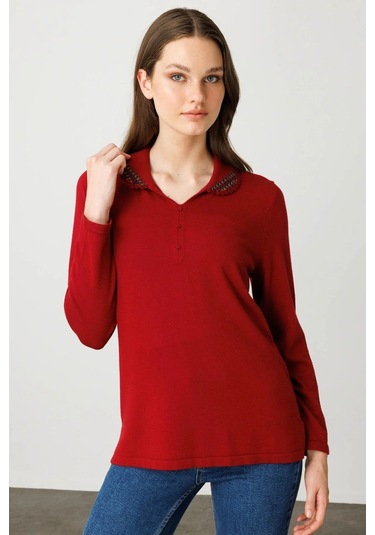 Desen Triko Polo Yaka Likralı Kadın Bluz 25091 Kırmızı