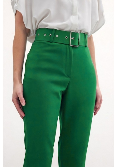 Sateen Yüksek Bel Kemerli Pantolon - Koyu Yeşil-132323 Koyu Yeşil