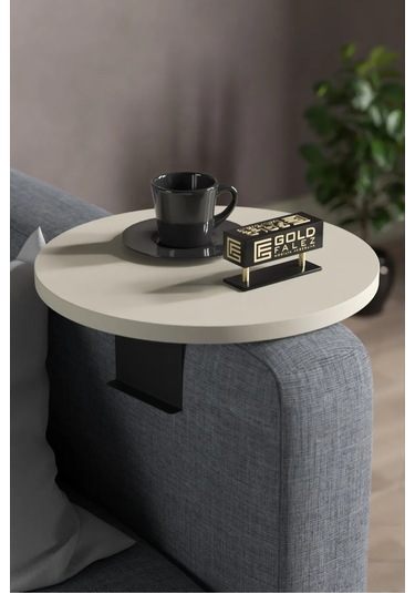 İkili Yan Sehpa Ayarlanabilir Tepsi Yuvarlak Krem