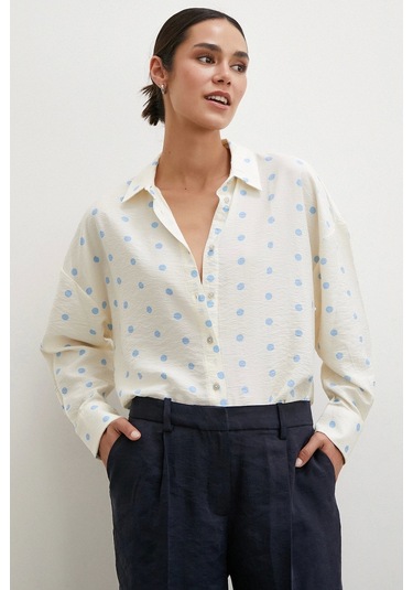 Never More Puantiyeli Oversize Gömlek Ekru