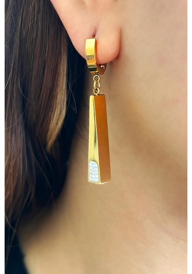 Allmisse Zirkon Taşlı Sallantılı Altın Kaplama Piramit Çelik Küpe - Altın