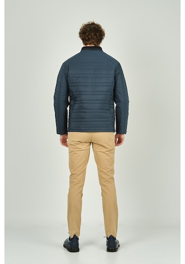 Lucas Erkek Dik Yaka Deri Biyeli Kapitone Mont 4706 Petrol Petrol