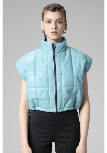 Turkuaz Dericlub Wm054 Gerçek Deri Kadın Şişme Yelek Turkuaz
