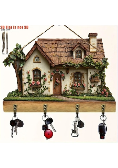 Elmpaly A 2d Düz Fonksiyonel Ahşap Anahtarlık 4 Metal Kancalı Duvar Dekoru Koridor Oda Köşk Dört Mevsim