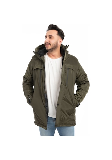 Erkek Haki Içi Polarlı Kürklü Su Ve Rüzgar Geçirmez Kapüşonlu Kışlık Mont & Kaban & Parka Haki