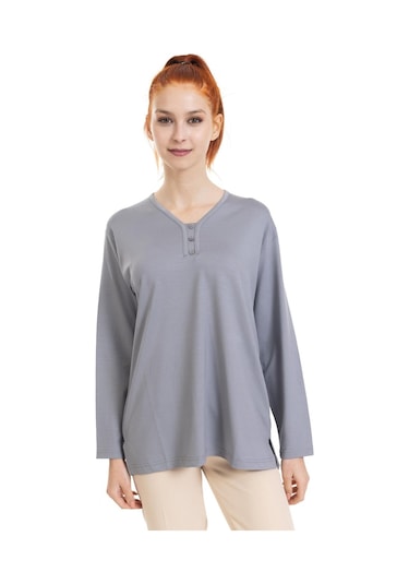 Kadın Orta Yaş Ve Üzeri Dört Mevsim V Yaka Rahat Kalıp Likralı Viskoz Anne Penye Bluz 140-gri Gri