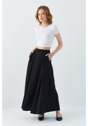 4631 Kadın Parçalı Kloş Etek Siyah Siyah