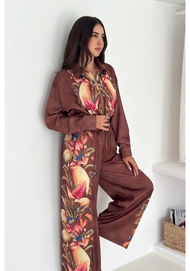 Saten Kumaş Desenli Takım Kahverengi Kahverengi
