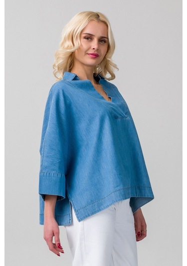 Kadın Gömlek Yakalı Yaka İndigo Mavi Kol Ucu Manşetli İnce Kot Kumaş Bluz Açık Mavi