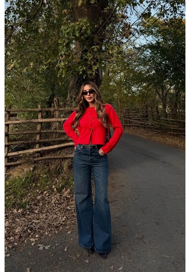 Kırmızı Fiyonk Boncuk Detaylı Hırka - 251072 Kırmızı