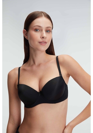 Balenli Destekli Dolgulu Askıları Çıkabilen Günlük Klasik T-shirt Sütyeni Siyah