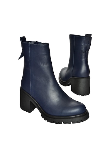Fox Shoes R654006503 Lacivert Hakiki Deri Kalın Topuklu Kadın Bot Lacivert
