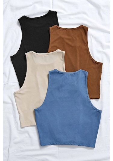 Merry See 4'lü Paket 4 Renk Takım Kadın Kolsuz Örme Kumaş Bluz Crop 001