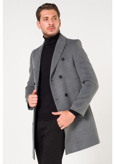 Erkek Kruvaze Düz Gri Kışlık Slim Fit Kaşe Kaban-Gri