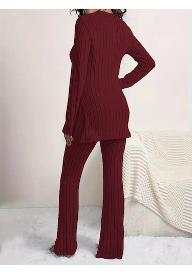 Kadın Uzun Kollu Yuvarlak Yaka Yandan Yırtmaç Detaylı Şardonlu Kaşkorse Bluz Ve Pantolon Ikili Takım Bordo Kadın Uzun Kollu Yuvarlak Yaka Yandan Yırtmaç Detaylı Şardonlu Kaşkorse Bluz Ve Pantolon Ikili Takım Bordo