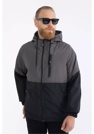 İçi Astarlı Su Ve Rüzgar Geçirmez Cepli Erkek Yağmurluk Antrasit