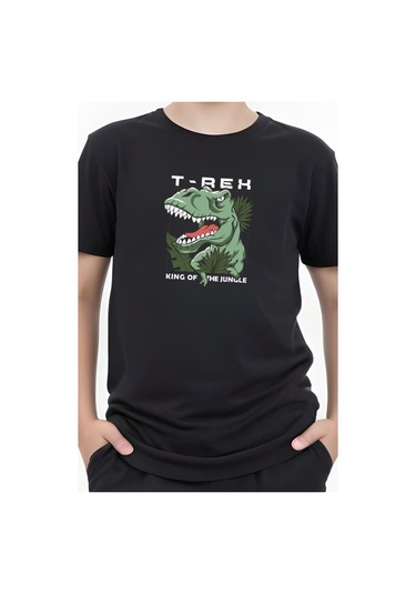 T-rex Baskılı Erkek Çocuk Kısa Kollu Tişört Siyah