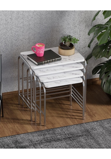 4'Lü Zigon Sehpa Nikelaj Ayaklı Beyaz Mermer Desenli