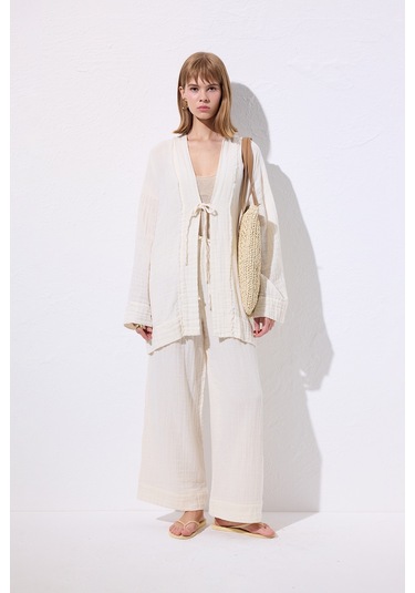 Müslin Geniş Kollu Kimono Bej Bej