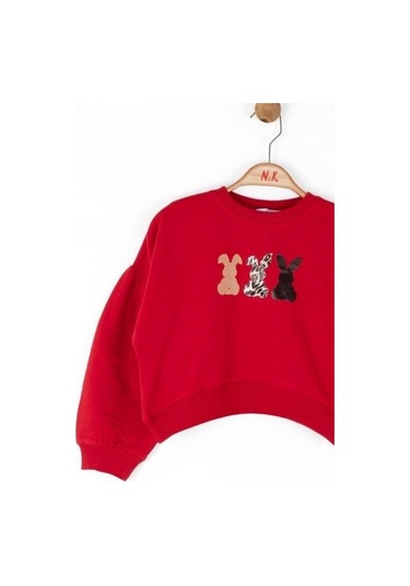 Kız Çocuk Pamuklu Orta Kalınlık Tavşan Baskılı Sweatshirt-14716 Kırmızı