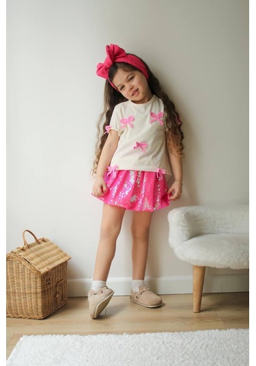 Kız Çocuk Şeker Pembe Parlak Payet Kumaş Balon Etek Fiyonk Nakışlı T-shirt Altüst Takım Pembe