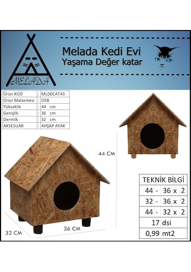 Melada Kedi Evi Dış Ortam Uygun Ahşap Kedi Evi Osb 44x36x32 Cm