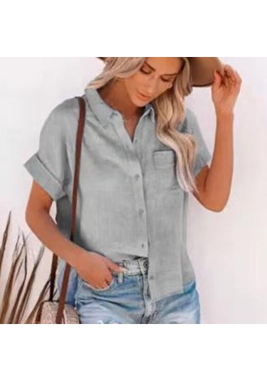 Yaz Pamuk Keten Gömlek Kadın Kısa Kollu Üstleri Kadın Zarif Bluzlar Kısa Kollu Yaz Gömlek Kadın Için Rahat 21929 Gri