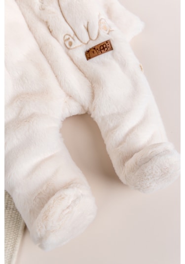 Premium Kalite Peluş Pamuk Penye Astarlı Ayıcık Fiğürlü Kışlık Kız-erkek Bebek Tulum Krem