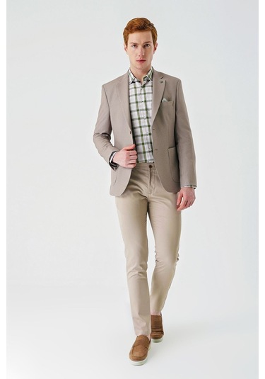 Örme Mono Yaka Çift Yırtmaç Likralı 6 Drop Slim Fit Dar Kesim Klasik Ceket 1002240138 - Bej