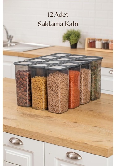 12'li Kavanoz Seti & Saklama Kabı & Erzak Kabı 12x1900 Ml 20 Lı Etiket Hediyeli Antrasit
