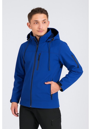 Suya Dayanıklı Slim Fit Softshell Kapüşonlu Erkek Mont Saks Mavisi