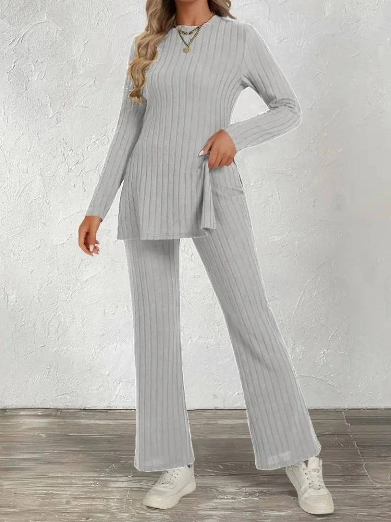 Tua Moda Kadın Uzun Kollu Bisiklet Yaka Yandan Yırtmaçlı Şardonlu Kaşkorse Bluz Ve Pantolon Ikili Takım Gri