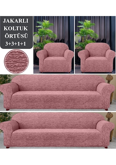 Upmall Jakarlı Koltuk Kanepe Kılıfı Çekyat Örtüsü 3+3+1+1 Pembe