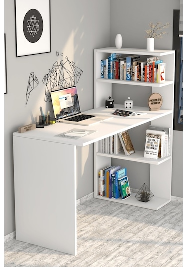 Moonlife Çınar Raflı Kitaplıklı Çalışma Masası Beyaz