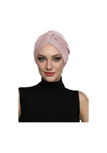 Simli Pike Çapraz Bantlı Astarlı Pudra Hazır Türban Tesettür Bone Abiye Pudra