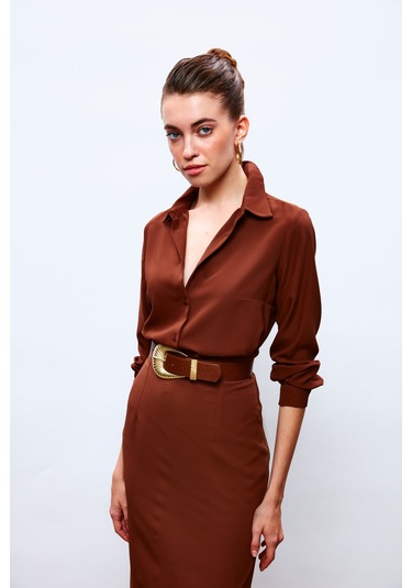 Sateen Düz Klasik Gömlek - Kahve-132874 Kahve