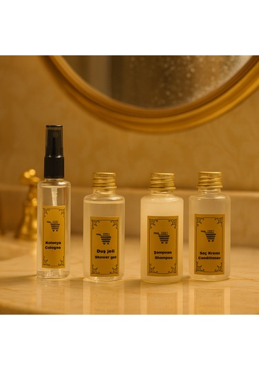 Seyahat Seti 4lü 0.50ml Kolonya Duş Jeli Saç Kremi Şampuan Şişesi Açık Kahverengi