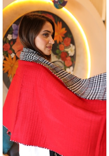 Çift Taraflı Kazayağı Desenli Atkı Omuz Şalı 70x185 CM 1212 Kırmızı