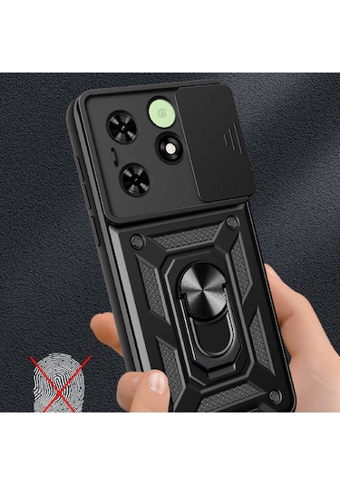 Teknodur Tecno Spark 20c Kılıf Magnetik Standlı Kamera Korumalı Sürgülü Vega Kapak - Siyah