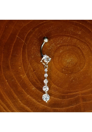 Aya Tasarım Gümüş Renk Dört Taşlı Model Göbek Piercing Gümüş