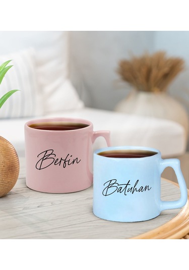 Bk Gift Kişiye Özel İsimli Pastel Pembe Ve Mavi 2li Middle Kupa Bardak Seti-6, Sevgiliye Hediye, Ev Hediyesi, Arkadaşa Hediye Kobitmeyencom30009 Bk Gi