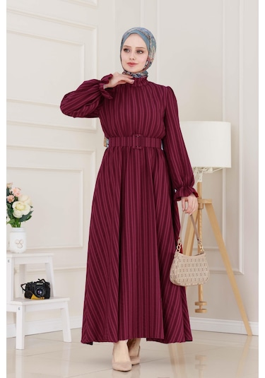 Kolu Volanlı Kemerli Henna Elbise-bordo-5053 Bordo