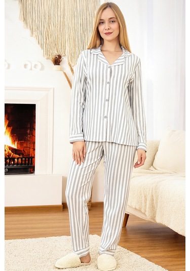 Kadın Çizgili Desen Suprem Pijama Takımı 0489 Gri03 Gri03