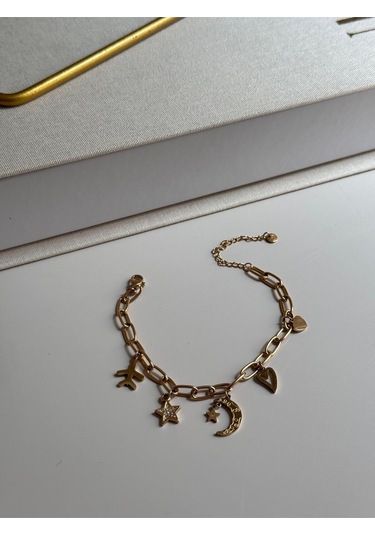 Altın Kaplama Yıldız, Ay Ve Kalp Figürlü Çelik Zincir Bileklik Altın