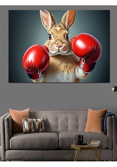 Kırmızı Boks Eldivenli Tavşan İllüstrasyonu Dekoratif Kanvas - Mdf Ahşap Tablo