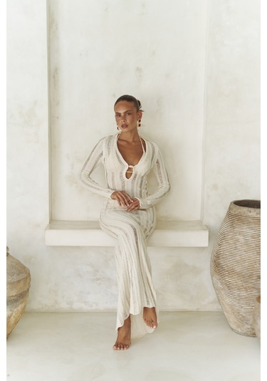 Anandra Boncuk Detay Bej Triko Uzun Elbise Bej